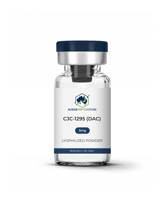 CJC-1295 DAC 5mg lyophilised research peptide vial from Aussie Peptide Store, COA verified, Australia