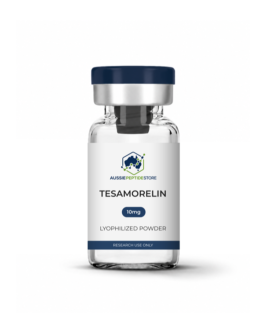 Tesamorelin 10mg lyophilised research peptide vial from Aussie Peptide Store, COA verified, Australia